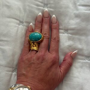 Authentic vintage Yves Saint Laurent Gold-Tone Ring Turquoise Oval Stone size 6